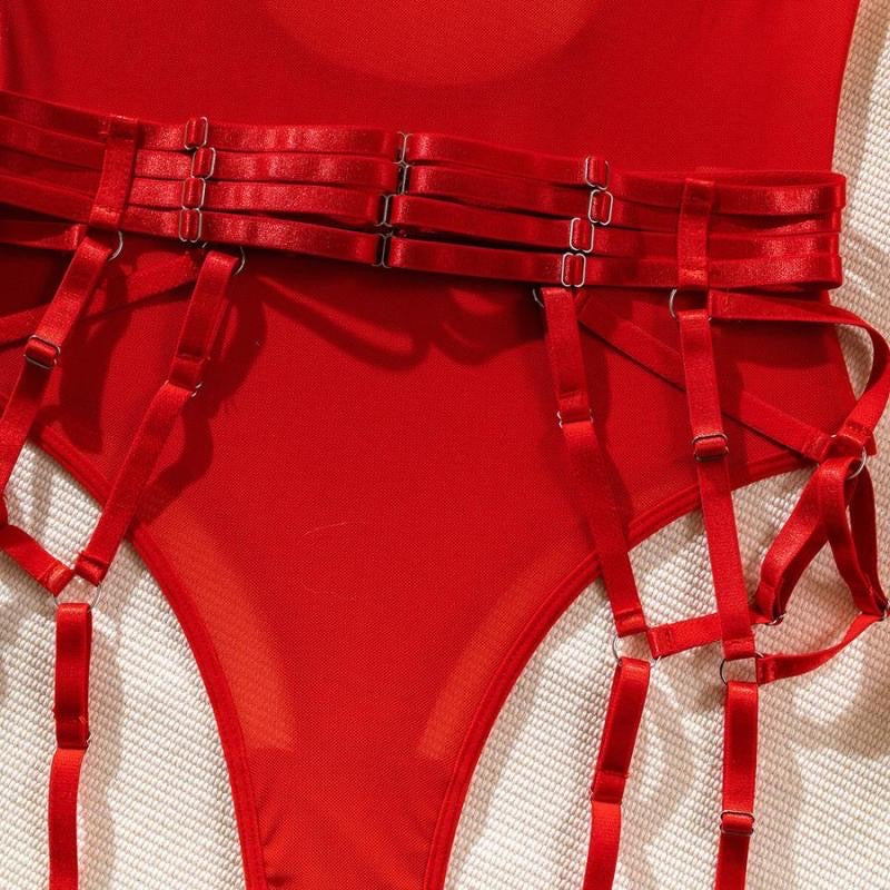 Body transparencia con liguero y guantes