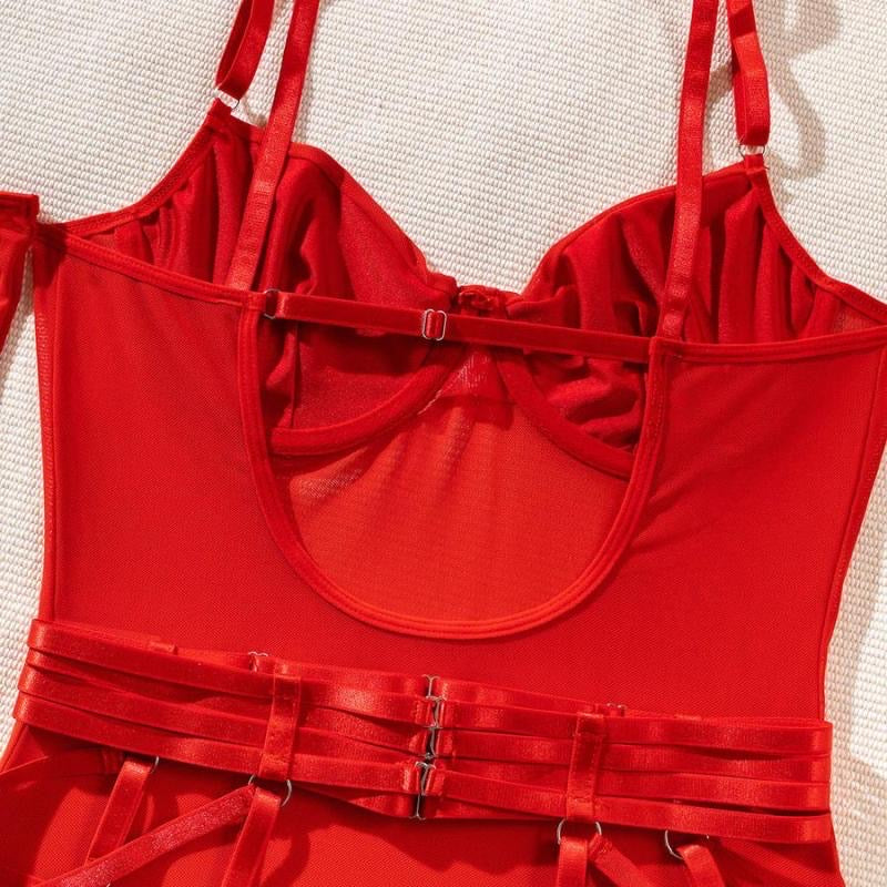 Body transparencia con liguero y guantes