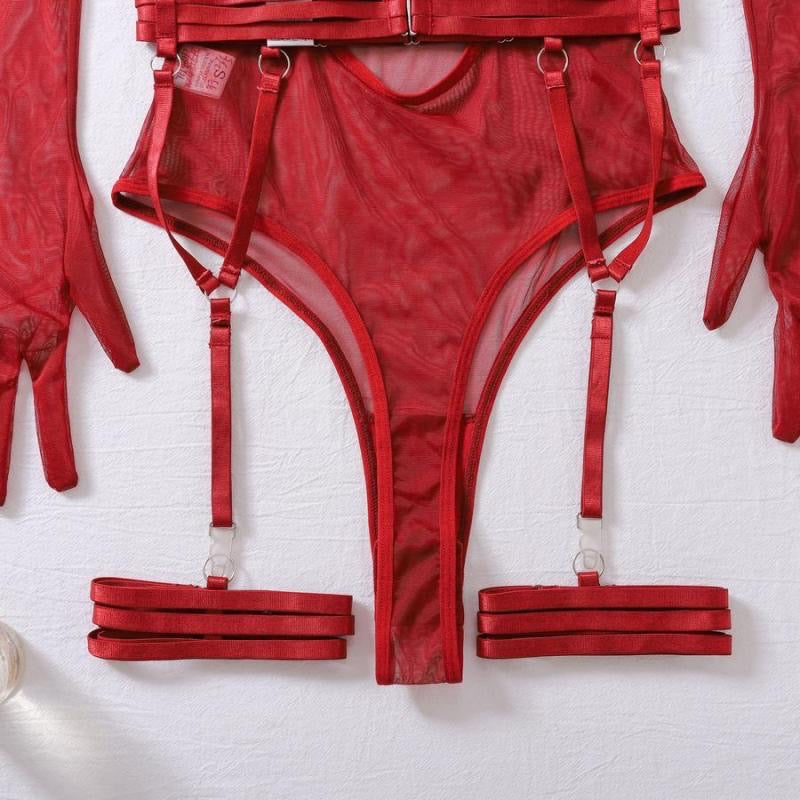 Body transparente con guantes y liguero