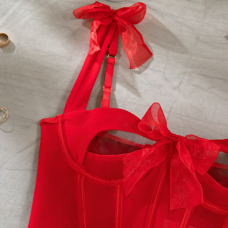 Coordinado de bustier con liguero y moños