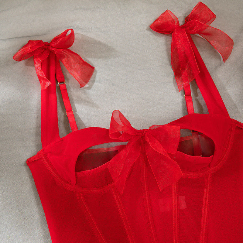 Coordinado de bustier con liguero y moños