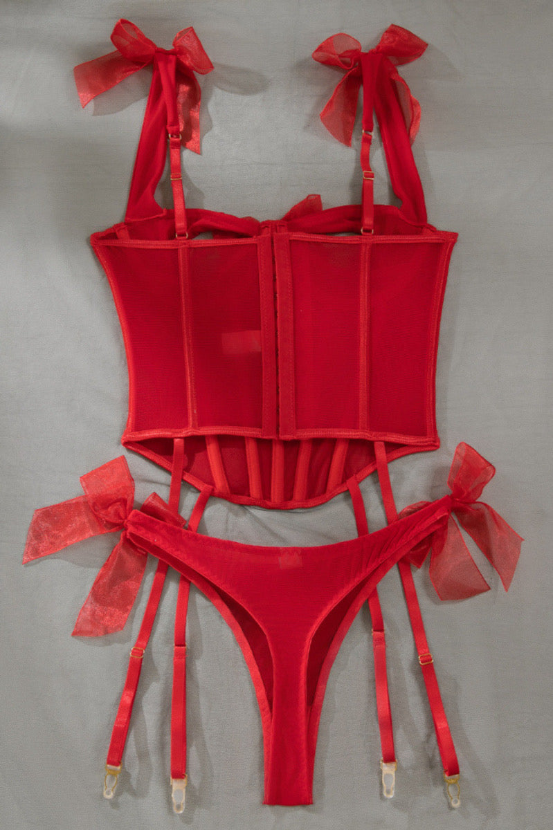 Coordinado de bustier con liguero y moños
