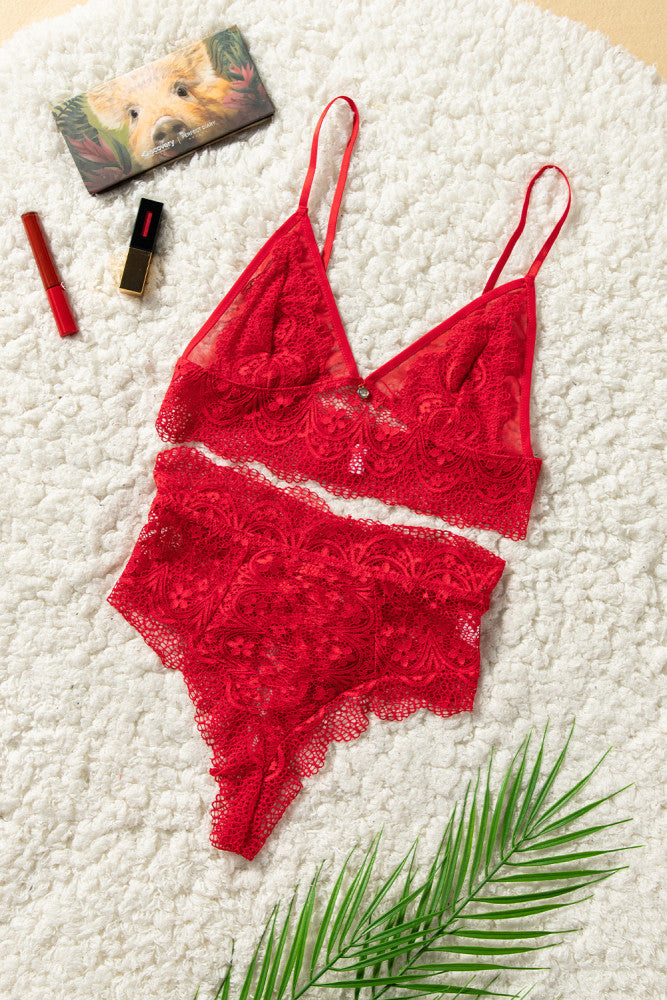 Coordinado de encaje con pantie tiro alto
